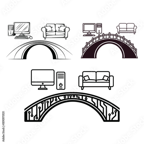 Remote work and home office connection line art icons