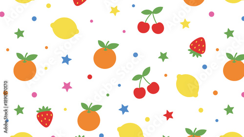 A colorful pattern of cartoon fruits and stars on a white background