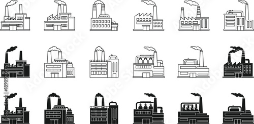 Industrial factory building icon set with smokestacks, manufacturing plants, power stations, black and white outline and silhouette vector illustrations