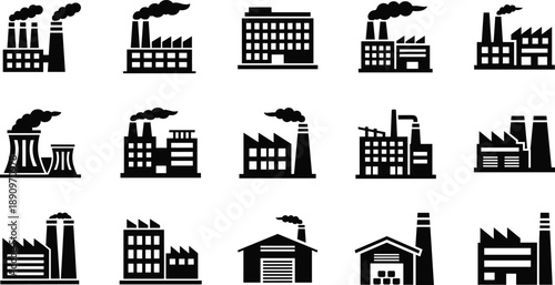 Industrial factory and power plant silhouette icon set with smokestacks buildings for manufacturing energy industry graphic design
