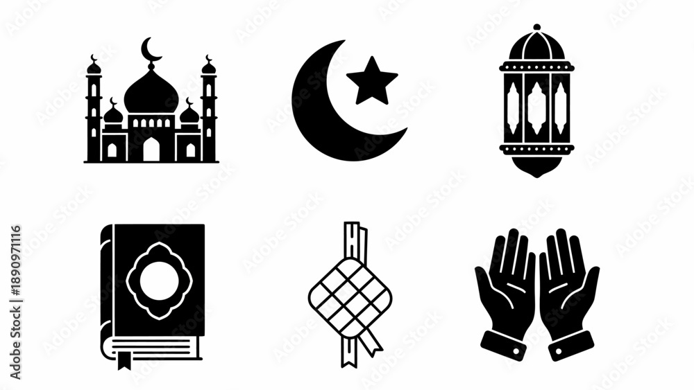 Fototapeta premium Islamic Icons Collection Mosque, Moon, Star, Lantern, Quran, Ketupat, and Praying Hands