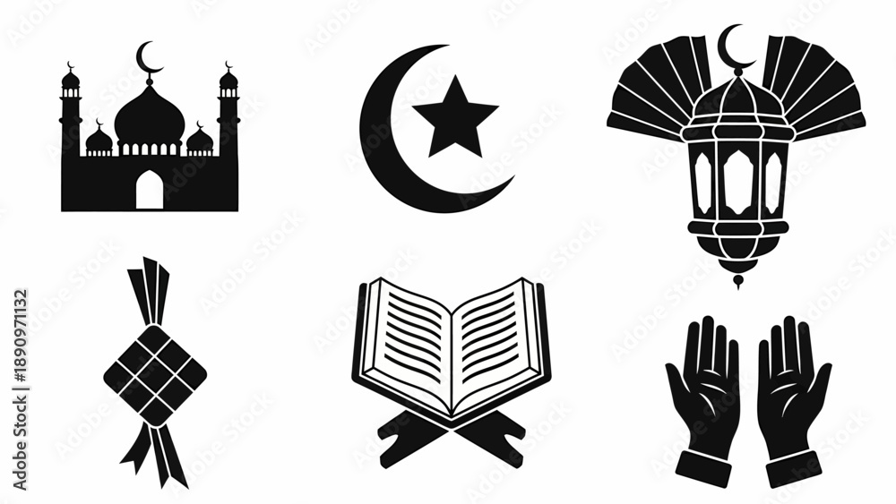 Fototapeta premium Islamic Collection Mosque, Crescent Moon, Star, Lantern, Quran, Prayer Hands, and Diamond Fruit Icon Set