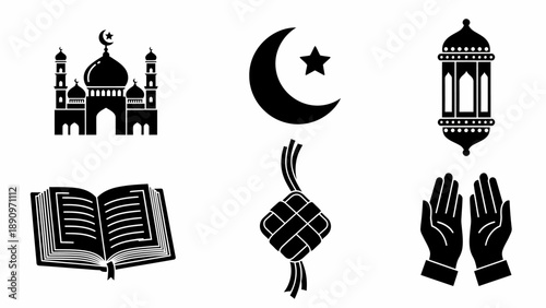 Collection of Islamic Icons Mosque, Crescent Moon, Lantern, Holy Book, Ketupat, and Praying Hands