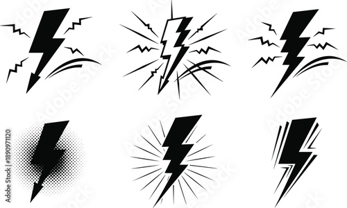 Lightning bolt silhouette icon collection with electric energy symbols, thunder power graphics, dynamic black and white vector illustration set