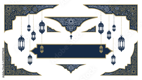 Elegant Islamic Ornamental Frame with Arabic Lanterns and Decorative Banner. A beautiful design element perfect for festive occasions and cultural celebrations