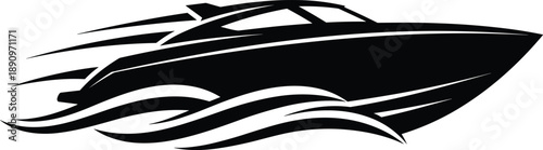 Luxury speed boat silhouette illustration with dynamic water waves modern motor yacht design black vector marine transportation concept