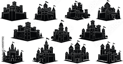 Medieval castle silhouette collection featuring fantasy fortresses, ancient stone citadels, fairytale architecture, black and white vector illustration set