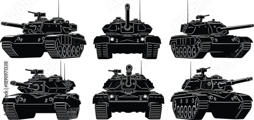 Modern military tank silhouette set displaying armored combat vehicles from multiple perspectives isolated on white background black vector illustration