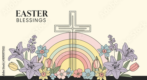 Delicate Line Art Easter Cross with Rainbow and Floral Arrangement Design