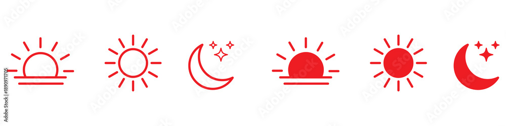 Obraz premium Time of the day icons showing morning sunrise, bright noon sun, evening sunset, and night moon with stars representing daily cycle, weather, astronomy, calendar, and environment concept