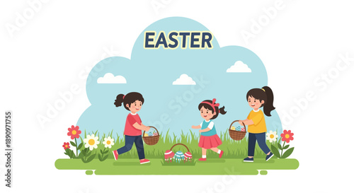 Cute Cartoon Style Easter Egg Hunt with Cheerful Little Girls Illustration