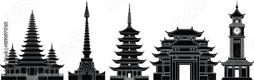 Asian traditional architecture silhouettes featuring pagodas, temples, gates, and clock tower showcasing historic landmarks, cultural heritage, and oriental skyline illustration