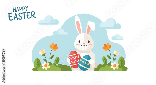 Cute Cartoon Easter Bunny Holding Decorated Eggs Holiday Celebration Illustration