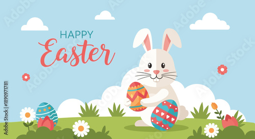 Cute Flat Easter Bunny and Decorated Egg Illustration Graphic Element