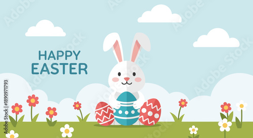 Cute Flat Style Happy Easter Bunny with Decorated Eggs Illustration