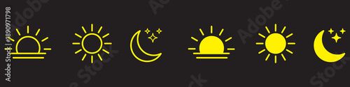 Time of the day icons showing morning sunrise, bright noon sun, evening sunset, and night moon with stars representing daily cycle, weather, astronomy, calendar, and environment concept