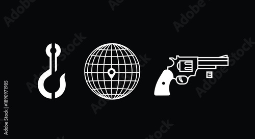 Black and white icons of fish hook, globe with location pin, and revolver symbolizing navigation, targeting, and conflict themes