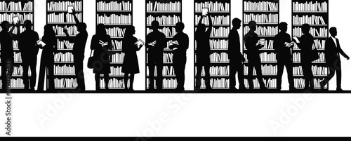 Black and white silhouette of people reading and browsing books in a library with tall shelves and educational atmosphere