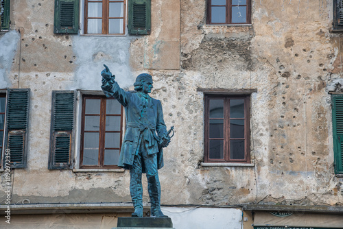 Bronze statue of Jean-Pierre Gaffory (1704-1753), a Corsican patriot, made by sculptor Adelbert in 1901, in the center of Corte; Corte, Corsica