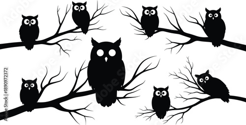 Black and white silhouette of seven owls perched on tree branches in stylized forest composition for nature and wildlife themes
