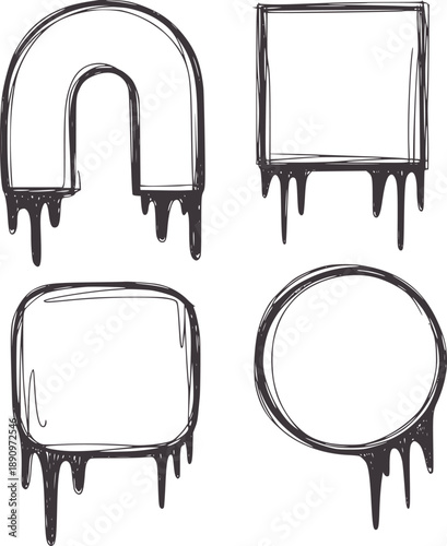 Four hand drawn melting shapes with dripping paint in black and