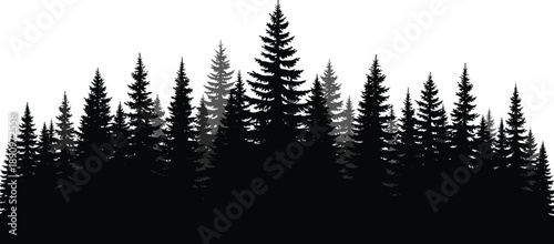 Black pine forest silhouette with layered evergreen trees creating minimalist nature landscape background vector illustration design art concept scene
