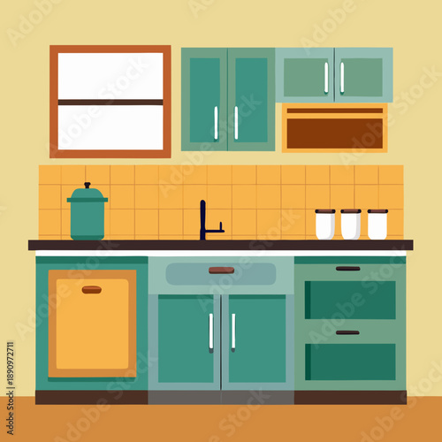 Simple Home Kitchen Interior with Cabinets, Sink and Countertop Illustration