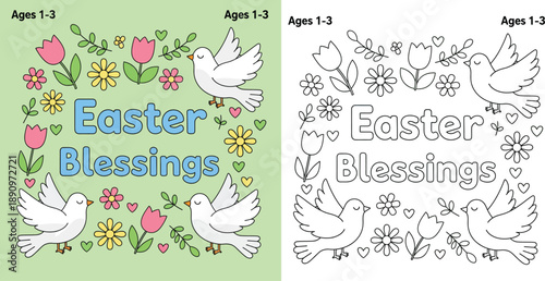 Cute Easter Blessings coloring page for toddlers ages 1-3 with white doves tulips and daisies vector illustration for kids activity book