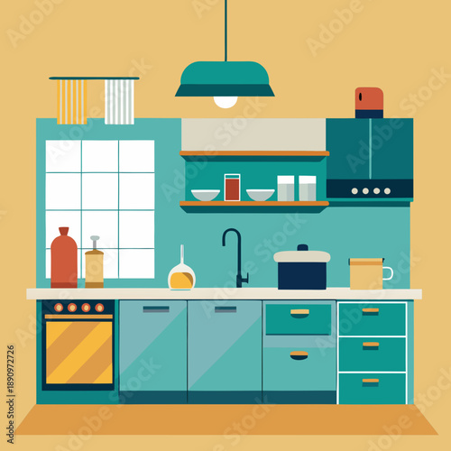 Modern Kitchen Interior with Cabinets, Stove and Sink Illustration