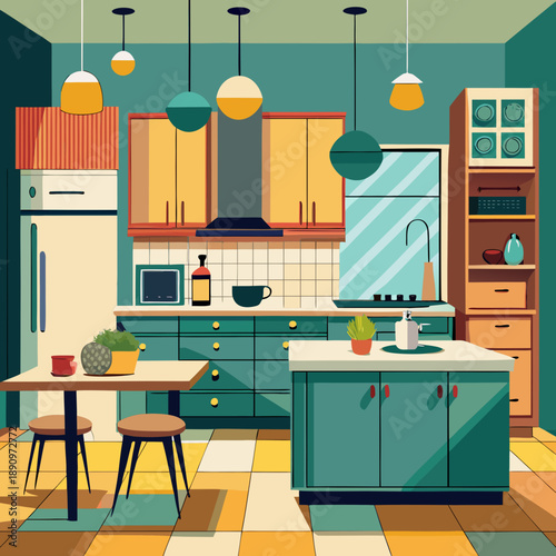 Modern kitchen interior with cabinets and island vector illustration