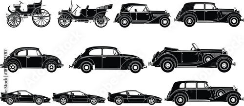 Black silhouette illustration of vintage and classic cars showing historical evolution of automobile design from carriage to luxury sedan