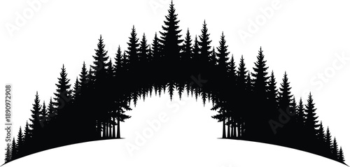Black silhouette of coniferous forest arch with dense trees and tunnel-like opening isolated on white background for nature design use