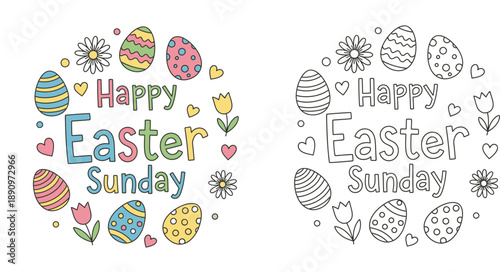 Happy Easter Sunday greeting card and coloring page vector illustration with decorative eggs flowers and hearts in circular wreath design