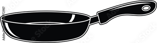 Black silhouette of frying pan with long handle and round base isolated on white background for kitchen design and cooking use