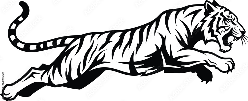 custom made wallpaper toronto digitalBlack silhouette of leaping tiger with open mouth and extended limbs isolated on white background for wildlife and design use
