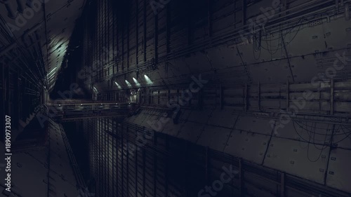 narrow submarine bulkhead corridor with riveted panels, dim porthole glow, maintenance ladder and sealed hatch indicating naval engineering environment