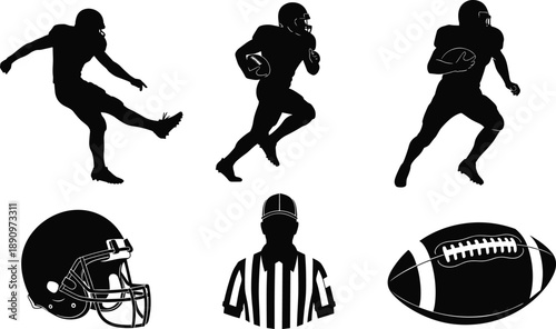 Black silhouettes of football players, helmet, referee, and ball isolated on white background for sports design and athletic illustration use