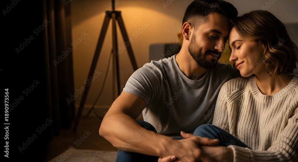 Obraz premium A loving couple sharing a tender moment at home under cozy lamp lighting, symbolizing deep connection and an enduring love concept.