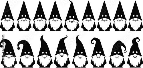 Cute Christmas gnome silhouette collection with different hats and beards for winter holiday decoration vector illustration set