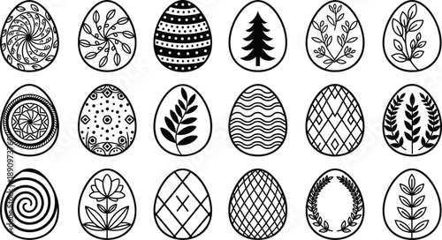 Decorative Easter egg outline illustration set featuring floral botanical and geometric patterns in black and white hand drawn vector collection
