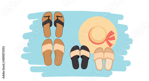 summer holiday concept featuring several pairs of flip flops and sandals next to straw sun hat on blue abstract background design.