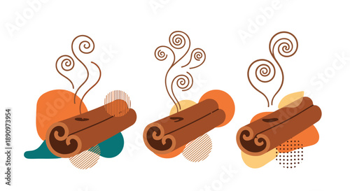 aromatic cinnamon sticks with brown swirls representing spicy scent on abstract orange and teal background shapes for food art.