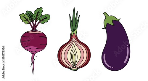 selection of three healthy vegetables including purple beet sliced red onion and whole eggplant for cooking and diet illustration.