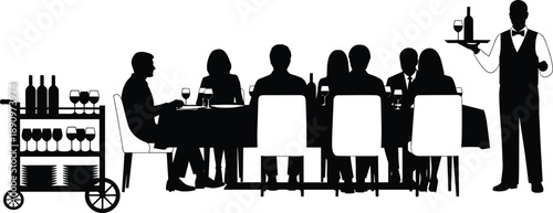 Elegant formal dinner party silhouette with waiter serving wine to seated guests at luxury restaurant celebration event illustration