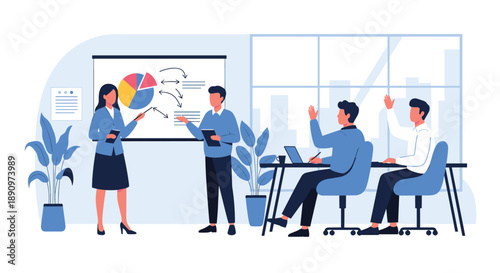 professional office meeting showing team members presenting data with pie chart on whiteboard and using laptop at wooden desk.