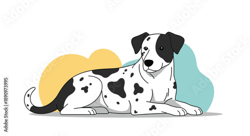 spotted dalmatian dog lying down comfortably on white background with abstract geometric shapes in yellow and teal color palette.
