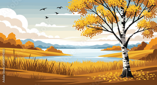 scenic autumn landscape with yellow birch tree by peaceful lake under blue sky with flying birds and distant blue hills background.