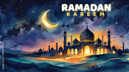 Ramadan kareem night sky with stars crescent moon mosque city landscape colorful festive celebration