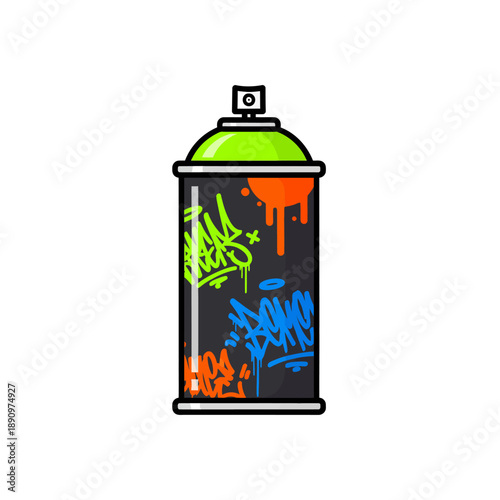 A colorful spray can with vibrant graffiti designs on a white background, viewed from the front.