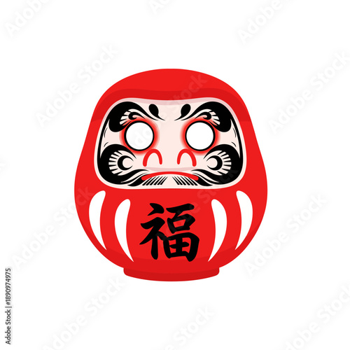 Red Daruma doll illustration with a symbol of good luck on a white background viewed from the front